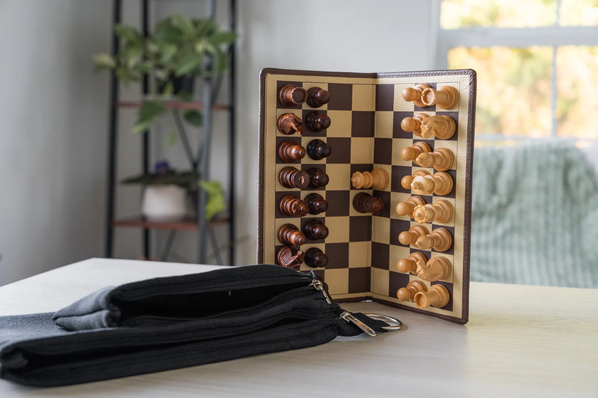 9" Milled Leather Travel Magnetic Chess Set with Wood Pieces