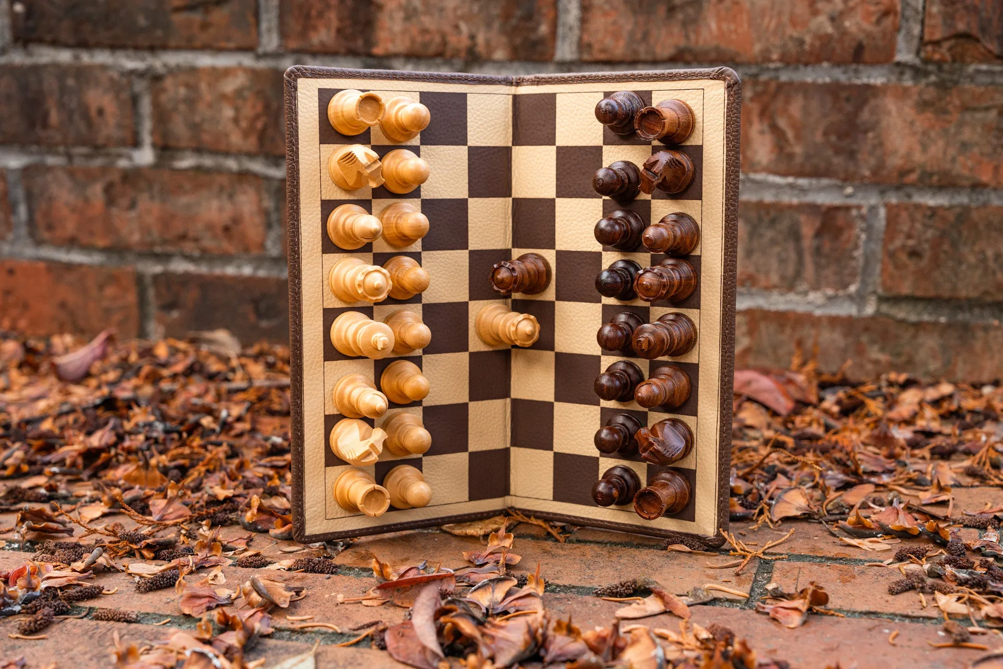 9" Milled Leather Travel Magnetic Chess Set with Wood Pieces