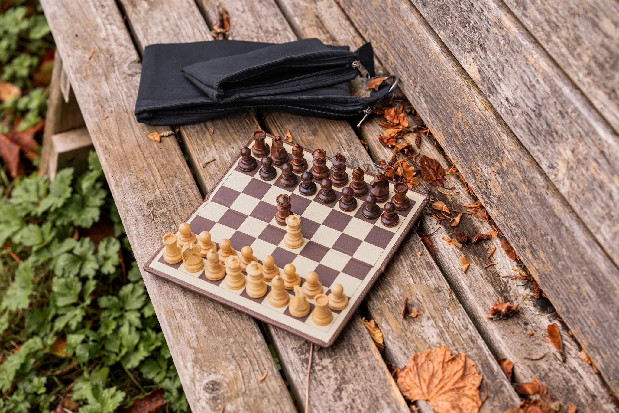 9" Milled Leather Travel Magnetic Chess Set with Wood Pieces