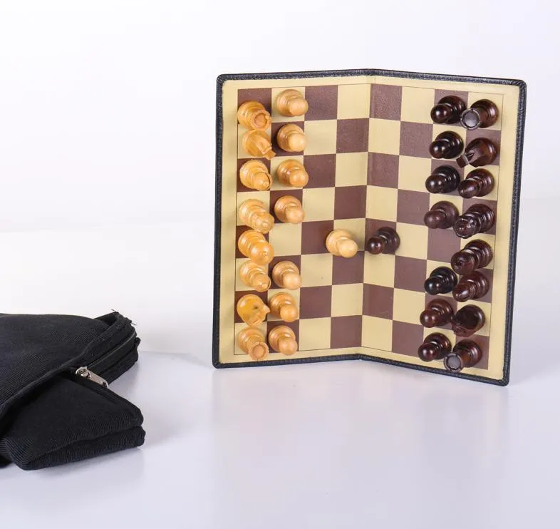 9" Milled Leather Travel Magnetic Chess Set with Wood Pieces