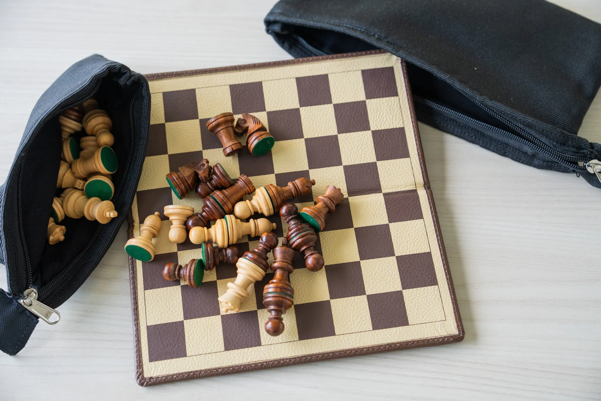 9" Milled Leather Travel Magnetic Chess Set with Wood Pieces