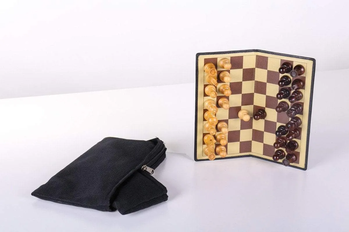 9" Milled Leather Travel Magnetic Chess Set with Wood Pieces