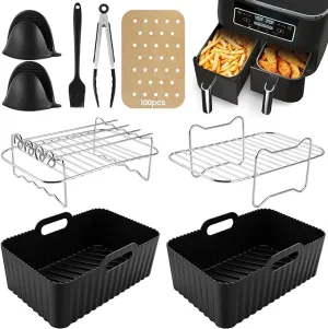 Air Fryer Rack and Accessory Pack 12 PCS | Silicone Air Fryer Liner Kit | 12 PCS Air Fryer Accessories Kit for Ninja Dual AF400UK & AF300UK & Tower T17088 | Reusable Air Fryer Liners & Air Fryer Rack Accessory