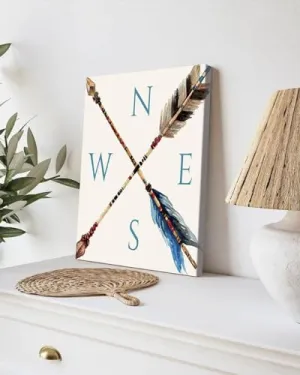 GADGETS WRAP Canvas Gallery Wrap Framed for Home Office Studio Living Room Decoration (9x11inch) - Boho Feathered Arrow Compass Blue