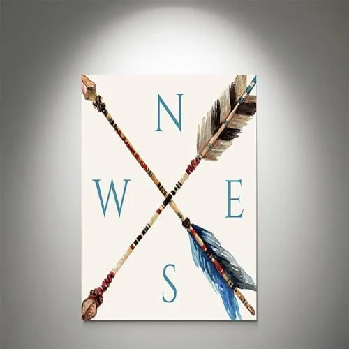 GADGETS WRAP Canvas Gallery Wrap Framed for Home Office Studio Living Room Decoration (9x11inch) - Boho Feathered Arrow Compass Blue