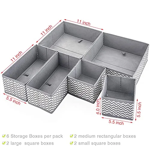 House of Quirk Foldable Cloth Storage Box Closet Dresser Drawer Organizer Cube Basket Bins Containers Divider with Drawers for Underwear, Bras, Socks, Ties, Scarves, Set of 6 (Wave, Non-woven)