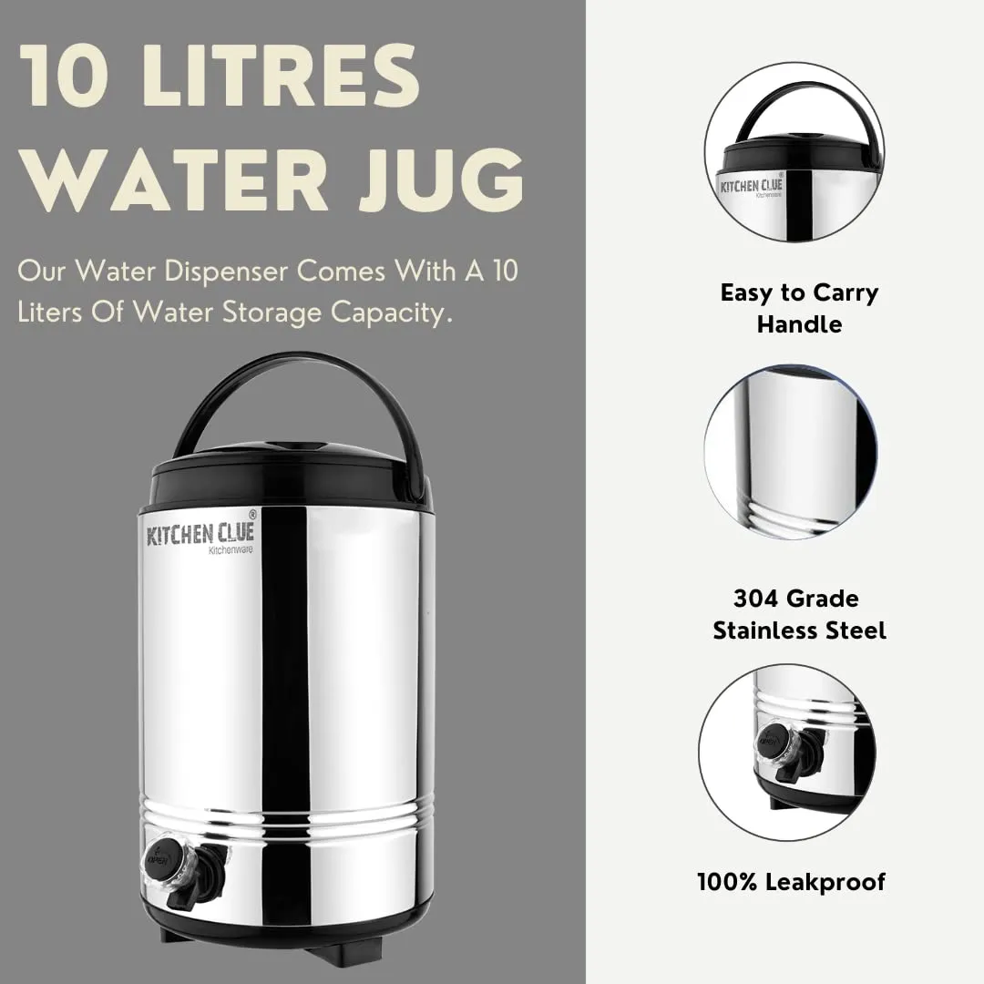 KITCHEN CLUE Stainless Steel PU Insulated Water Jug 10 Liter With 4 Pcs Glass - Carefes   Tumblers - Hot and Cold Water Containers For Kitchen Office, Travelling - Easy To Carry Handle - Easy To Clean