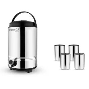 KITCHEN CLUE Stainless Steel PU Insulated Water Jug 10 Liter With 4 Pcs Glass - Carefes   Tumblers - Hot and Cold Water Containers For Kitchen Office, Travelling - Easy To Carry Handle - Easy To Clean