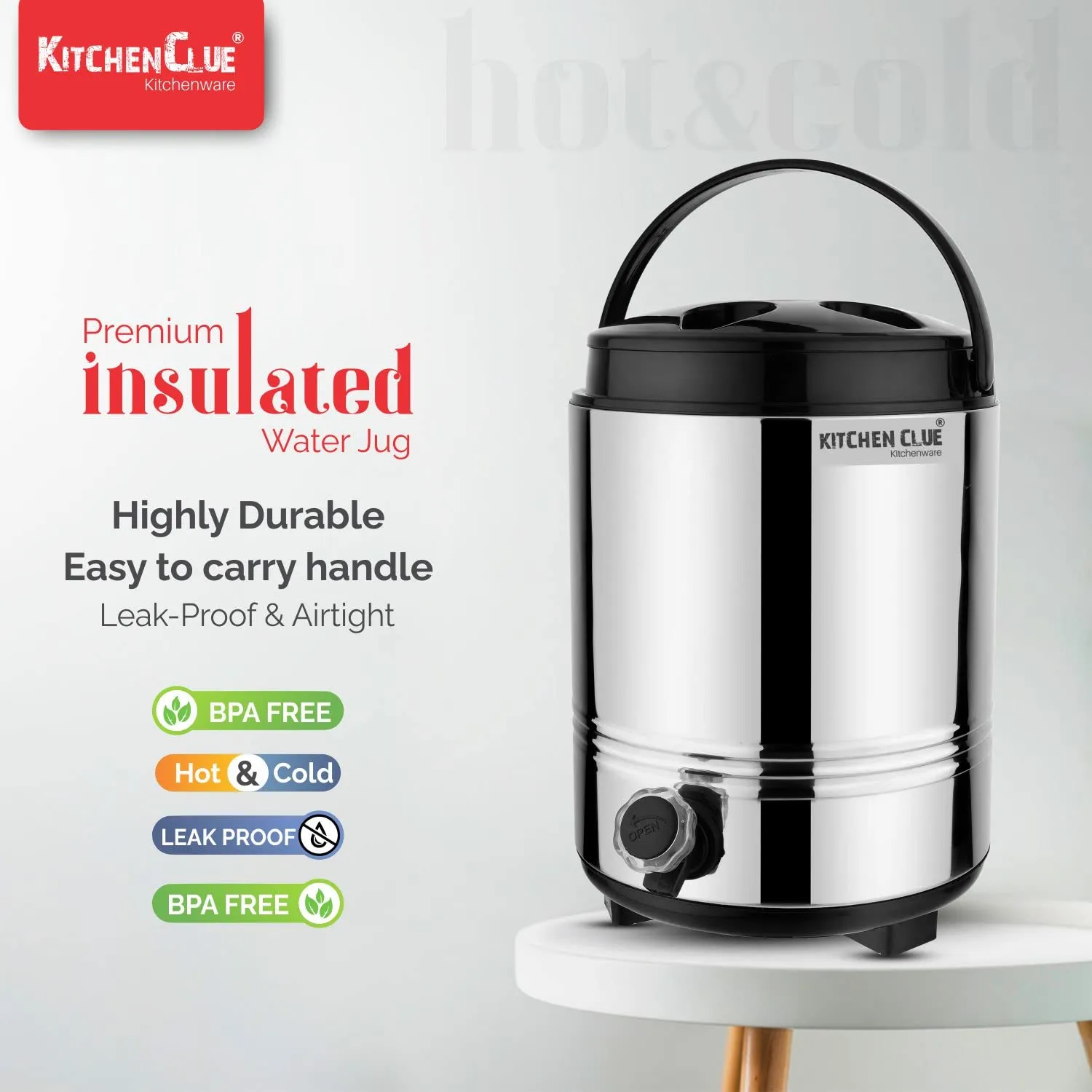 KITCHEN CLUE Stainless Steel PU Insulated Water Jug 10 Liter With 4 Pcs Glass - Carefes   Tumblers - Hot and Cold Water Containers For Kitchen Office, Travelling - Easy To Carry Handle - Easy To Clean