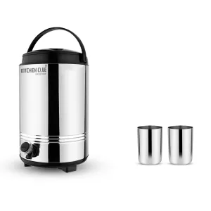 KITCHEN CLUE Stainless Steel Water Jug with Glass - PU Insulated Hot and Cold Water Containers 10 Liters   Steel Glass Set 2 Pcs - Ideal for Travelling, Picnic, Office, Home Kitchen - Easy to Carry