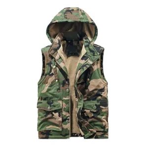 Men's Retro Camouflage Plush Lining Warm Hooded Cargo Vest 73623399Y