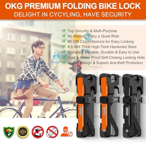 OKG Folding Bike Lock - 4 Keys. 3.7 lbs. Foldable Bicycle Lock. 8/10 Security Grade. Hardened Steel- Anti-Theft. Anti-Cut. Anti-Pry. with Mount Bracket Kit- for E-Bikes. Scooters. Mopeds (95cm. Black)