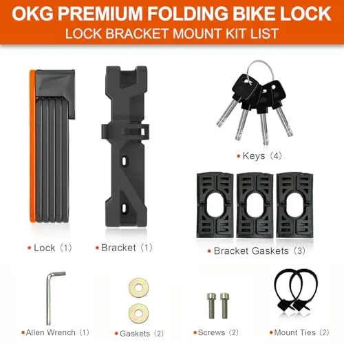 OKG Folding Bike Lock - 4 Keys. 3.7 lbs. Foldable Bicycle Lock. 8/10 Security Grade. Hardened Steel- Anti-Theft. Anti-Cut. Anti-Pry. with Mount Bracket Kit- for E-Bikes. Scooters. Mopeds (95cm. Black)