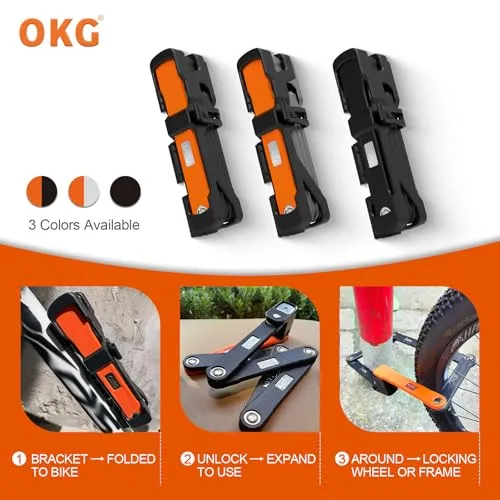 OKG Folding Bike Lock - 4 Keys. 3.7 lbs. Foldable Bicycle Lock. 8/10 Security Grade. Hardened Steel- Anti-Theft. Anti-Cut. Anti-Pry. with Mount Bracket Kit- for E-Bikes. Scooters. Mopeds (95cm. Black)