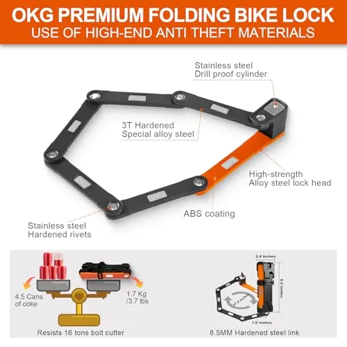 OKG Folding Bike Lock - 4 Keys. 3.7 lbs. Foldable Bicycle Lock. 8/10 Security Grade. Hardened Steel- Anti-Theft. Anti-Cut. Anti-Pry. with Mount Bracket Kit- for E-Bikes. Scooters. Mopeds (95cm. Black)