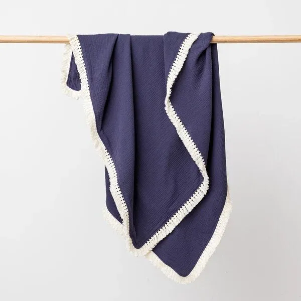 Organic Muslin Blanket With Tassel Trim Tassel - Midnight