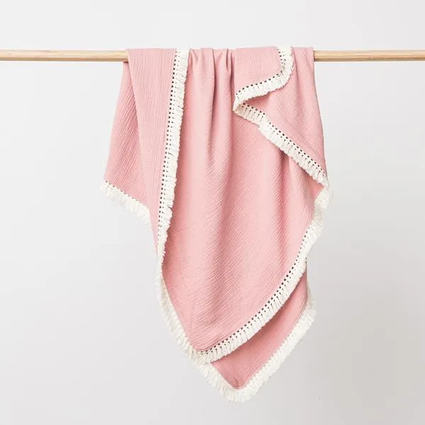 Over The Dandelions Organic Muslin Blanket Boho Tassel Fringe - Shell Pink