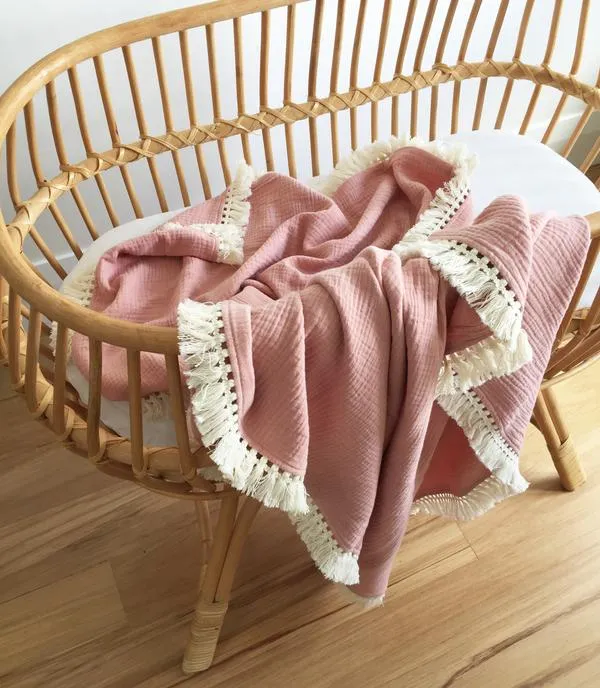 Over The Dandelions Organic Muslin Blanket Boho Tassel Fringe - Shell Pink