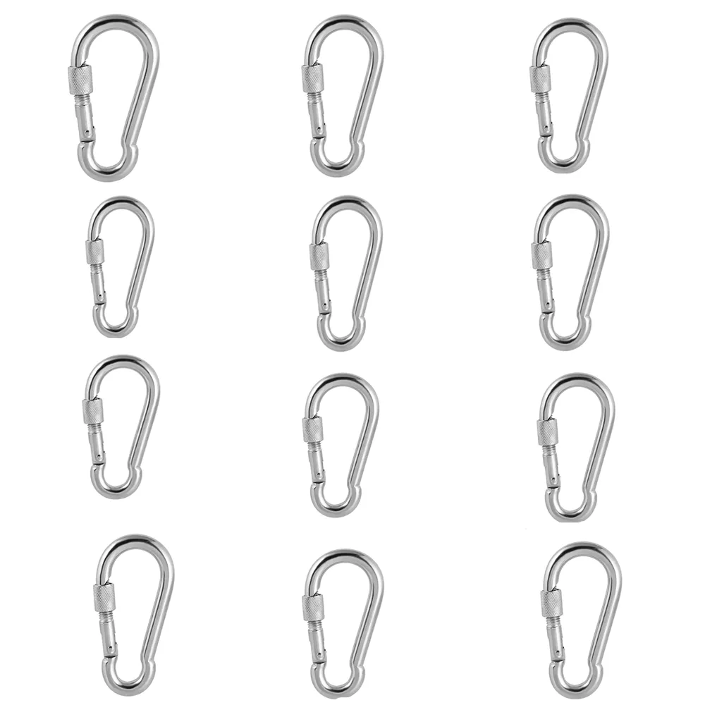 Set Of 12 80Mm Heavy Duty Stainless Steel Carabiner Locking Hook